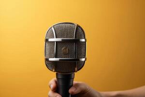 AI generated Vintage Microphone in Close Up, Bright Yellow Background photo