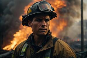 ai generado valor en medio de caos, un obsesionante retrato de un bombero dificil foto