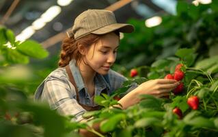 AI generated Woman working in farm harvesting strawberry photo