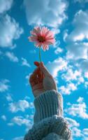 AI generated Sky and hand holding daisy flower photo