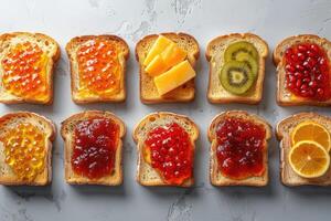 ai generado tostadas con frutas mermelada en cocina mesa profesional publicidad comida fotografía foto