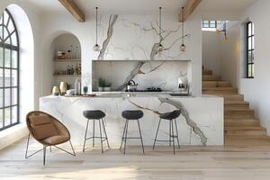 AI generated interior design of a modern kitchen with minimalistic scandinavian marble style photography photo