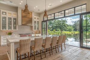 AI generated interior design of a modern farmhouse kitchen with wooden cabinets and floating shelves style photography photo