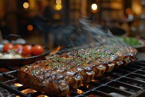 AI generated lamb being grilled on coal professional advertising food photography photo