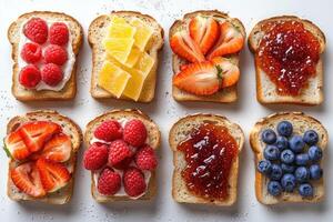 AI generated toasts with fruits jam on kitchen table professional advertising food photography photo