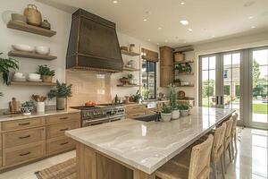 AI generated interior design of a modern farmhouse kitchen with wooden cabinets and floating shelves style photography photo