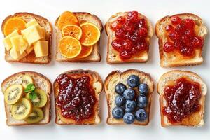 ai generado tostadas con frutas mermelada en cocina mesa profesional publicidad comida fotografía foto