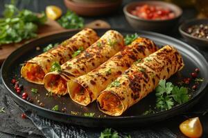 AI generated enchiladas mexican food in the kitchen table professional advertising food photography photo