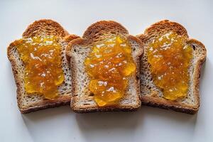 AI generated toasts with fruits jam on kitchen table professional advertising food photography photo