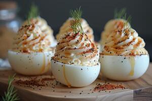 AI generated deviled egg in the kitchen table professional advertising food photography photo