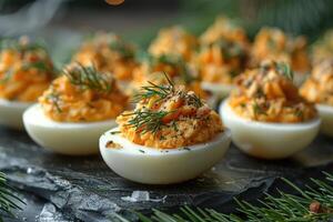 AI generated deviled egg in the kitchen table professional advertising food photography photo