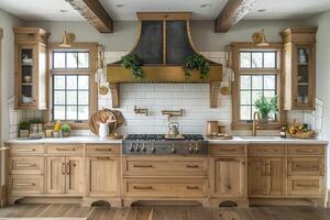 AI generated interior design of a modern farmhouse kitchen with wooden cabinets and floating shelves style photography photo