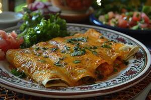 ai generado enchiladas mexicano comida en el cocina mesa profesional publicidad comida fotografía foto