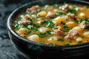 AI generated pozole mexican food in the kitchen table professional advertising food photography photo