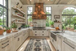 AI generated interior design of a modern farmhouse kitchen with wooden cabinets and floating shelves style photography photo