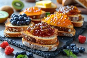 ai generado tostadas con frutas mermelada en cocina mesa profesional publicidad comida fotografía foto