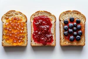 AI generated toasts with fruits jam on kitchen table professional advertising food photography photo