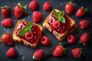 AI generated toasts with fruits jam on kitchen table professional advertising food photography photo