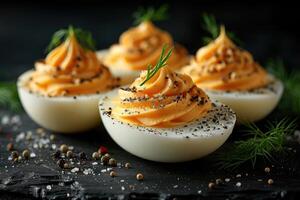 AI generated deviled egg in the kitchen table professional advertising food photography photo