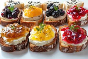 AI generated toasts with fruits jam on kitchen table professional advertising food photography photo