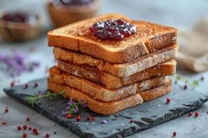 AI generated toasts with fruits jam on kitchen table professional advertising food photography photo