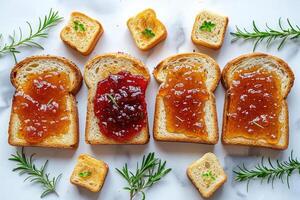 ai generado tostadas con frutas mermelada en cocina mesa profesional publicidad comida fotografía foto