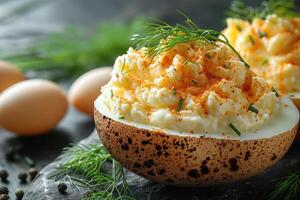 AI generated deviled egg in the kitchen table professional advertising food photography photo