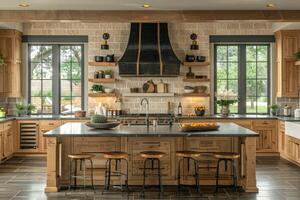 ai generado interior diseño de un moderno casa de Campo cocina con de madera armarios y flotante estantería estilo fotografía foto