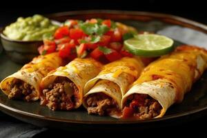 AI generated enchiladas mexican food in the kitchen table professional advertising food photography photo