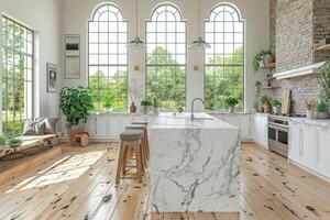 AI generated interior design of a modern kitchen with minimalistic scandinavian marble style photography photo