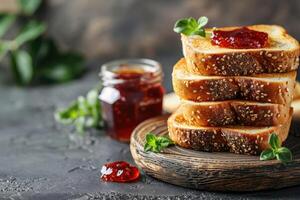 AI generated toasts with fruits jam on kitchen table professional advertising food photography photo