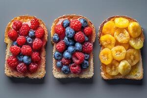 AI generated toasts with fruits jam on kitchen table professional advertising food photography photo