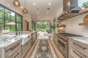 AI generated interior design of a modern farmhouse kitchen with wooden cabinets and floating shelves style photography photo