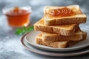 AI generated toasts with fruits jam on kitchen table professional advertising food photography photo