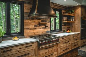 ai generado interior diseño de un moderno casa de Campo cocina con de madera armarios y flotante estantería estilo fotografía foto