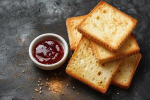 AI generated toasts with fruits jam on kitchen table professional advertising food photography photo
