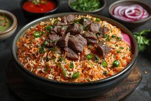 ai generado indio Biryani arroz profesional publicidad comida fotografía foto