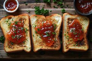 AI generated toasts with fruits jam on kitchen table professional advertising food photography photo