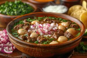 ai generado pozole mexicano comida en el cocina mesa profesional publicidad comida fotografía foto