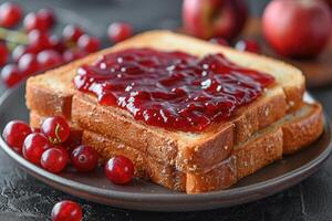 AI generated toasts with fruits jam on kitchen table professional advertising food photography photo