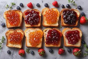 ai generado tostadas con frutas mermelada en cocina mesa profesional publicidad comida fotografía foto