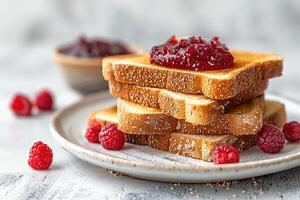 AI generated toasts with fruits jam on kitchen table professional advertising food photography photo