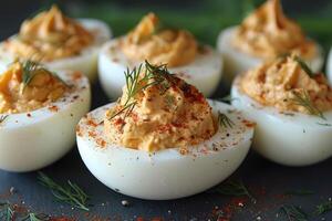 AI generated deviled egg in the kitchen table professional advertising food photography photo