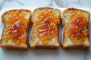 AI generated toasts with fruits jam on kitchen table professional advertising food photography photo