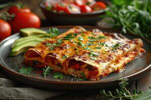 AI generated enchiladas mexican food in the kitchen table professional advertising food photography photo
