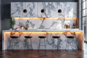 AI generated interior design of a modern kitchen with minimalistic scandinavian marble style photography photo