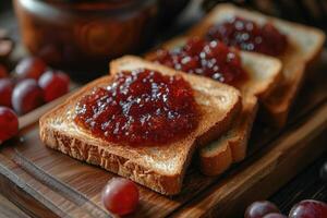 AI generated toasts with fruits jam on kitchen table professional advertising food photography photo