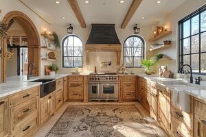 ai generado interior diseño de un moderno casa de Campo cocina con de madera armarios y flotante estantería estilo fotografía foto