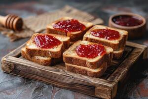 AI generated toasts with fruits jam on kitchen table professional advertising food photography photo