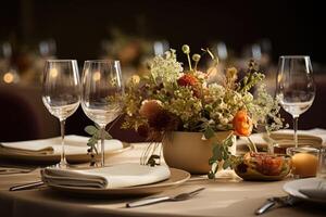 ai generado moderno elegante evento mesa y cuchillería ajuste en un minimalista estilo publicidad comida fotografía foto